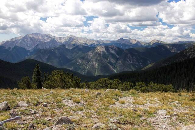 A wide alpine valley view with layered mountain peaks and scattered clouds beyond a forested ridge