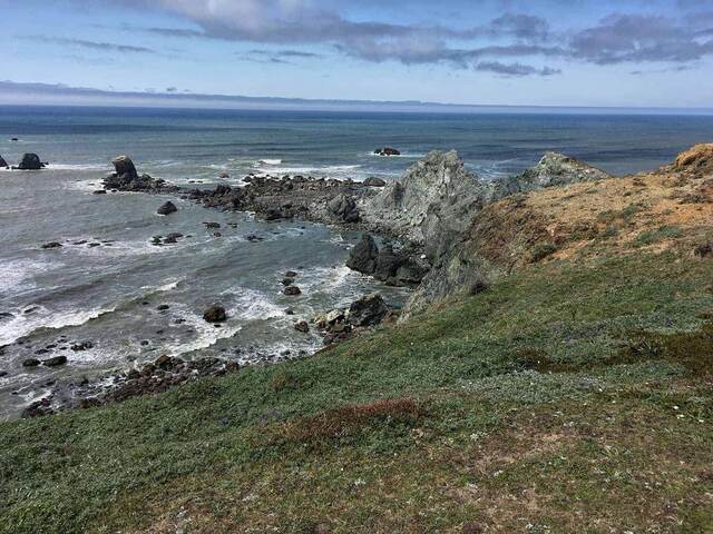 A steep green-gray rock point jutting into the ocean, with a long sandy beach and coastline stretching into the distance